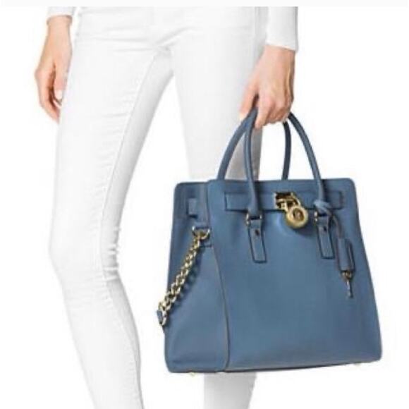 MICHAEL KORS HAMILTON SATCHEL SAFFIANO LEATHER E/W East West Blue - Picture 1 of 14